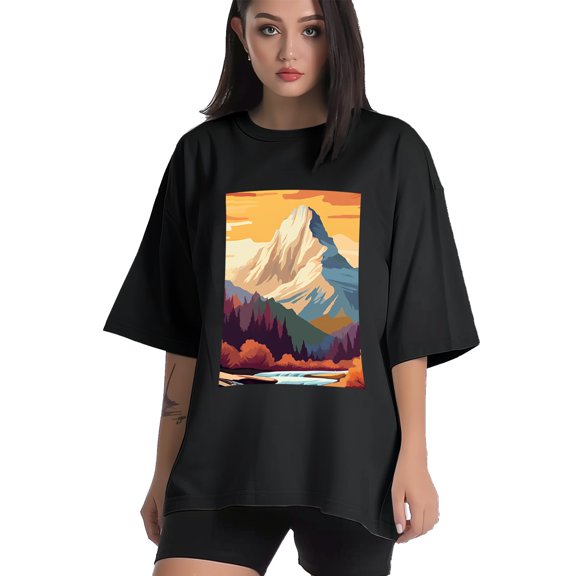 Plus Size Shirt for Women Black Tops for Women Short Sleeves Shirt for Women Mountain 5 T Shirt Crewneck Shirt for Women XS