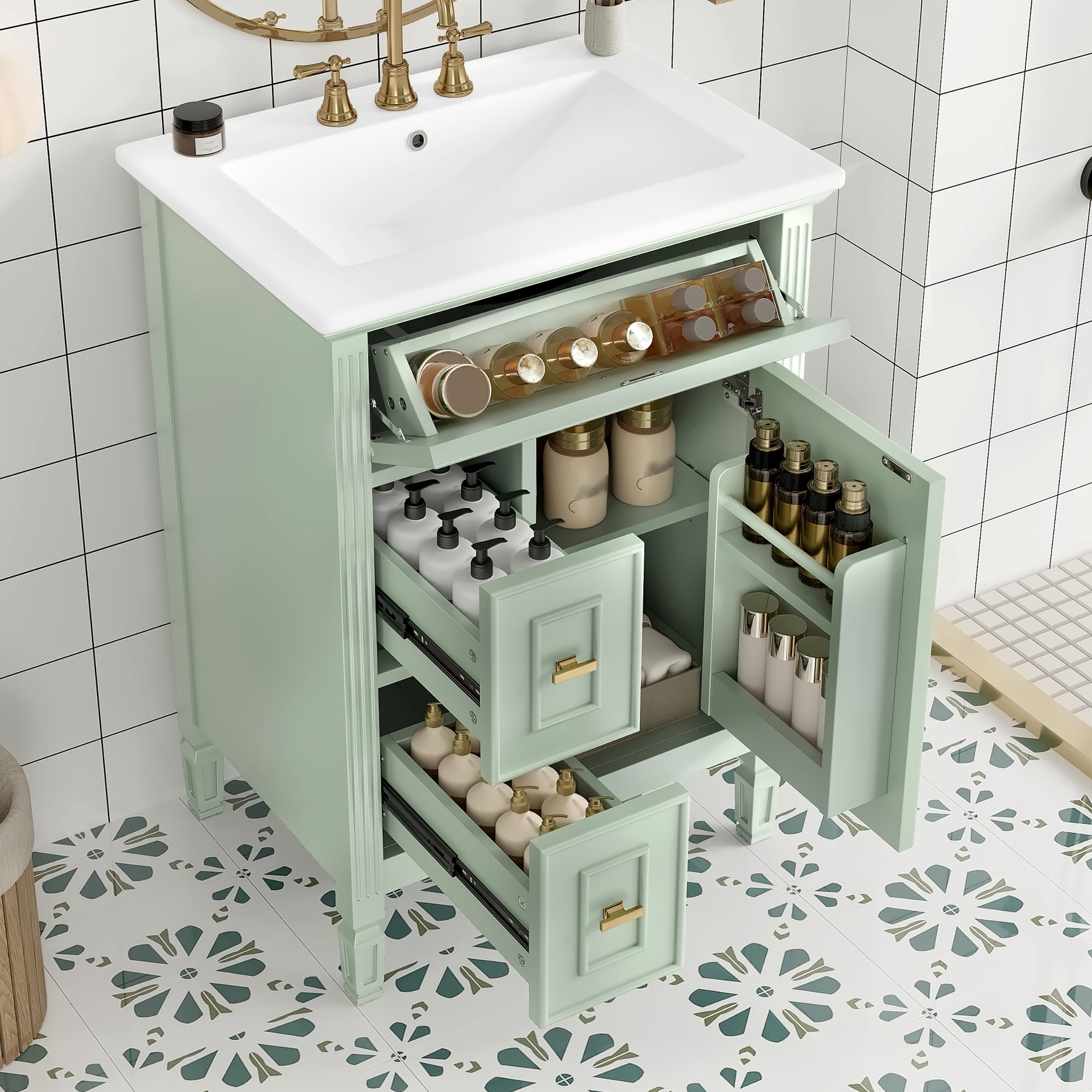 Aukfa 24" Bathroom Vanity with Sink,Modern Bathroom Sink Cabinet for Small Spaces,Ceramic Top & Flip Drawer,Green