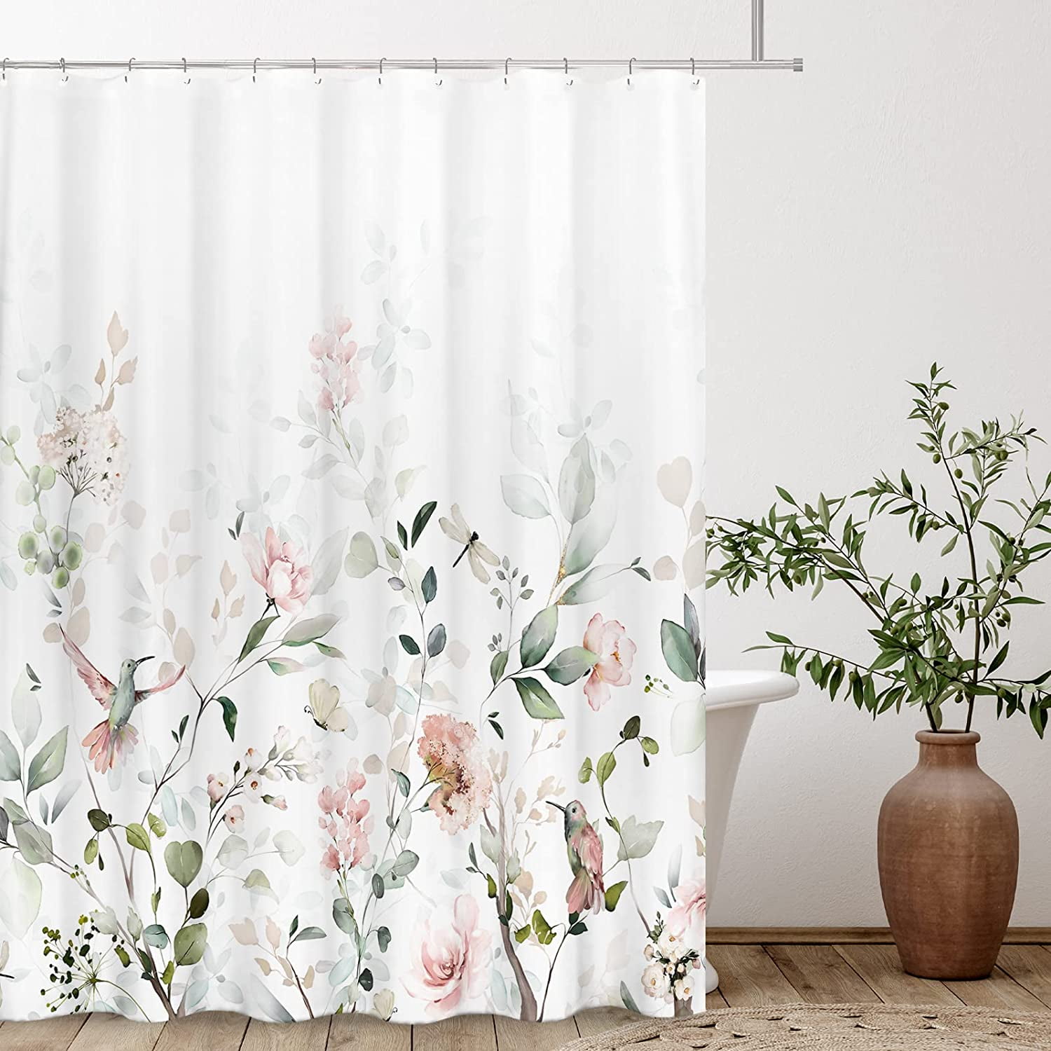 Aesthetic Blooming White Floral Shower Curtain Sets, Watercolor Pink Flowers Birds Butterflies Tropical Bathroom Decorative 71 X 84 Inch Polyester Waterproof Fabric Bath Curtain with Hooks