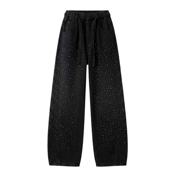 TIREOW Girls Sparkly Rhinestone Denim Pants Wide Leg Elastic Waist Jeans Fashionable Lightweight Casual Loose Denim Pants Streetwear(Black,15-16 Years)