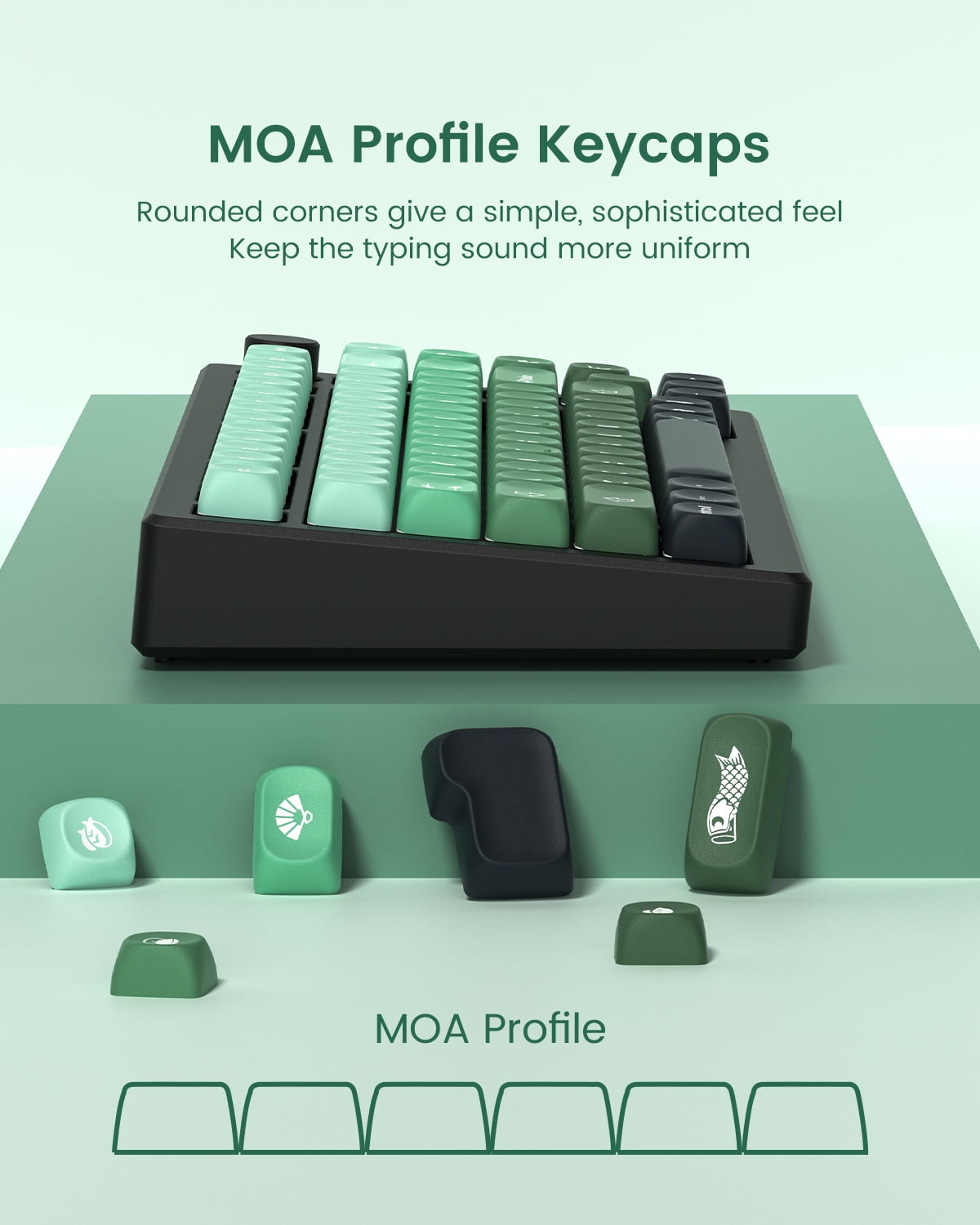 COSTOM Matcha Gradient Green PBT Keycaps, MOA Profile Cute Custom Keyboard Keycaps Janese Style 5 Side Dye Sublimation, 132 Keys Set for 60% 65% 75% 80% 100% Cherry Gateron MX Mechanical Keyboard