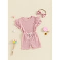 thumbnail image 6 of Aojekbee 3-Piece Toddler Girls Ribbed Set Ruffles Short Sleeve Round Neck Lacy Tops Elastic Waist Shorts Bow Hair Band Outfits, 6 of 10