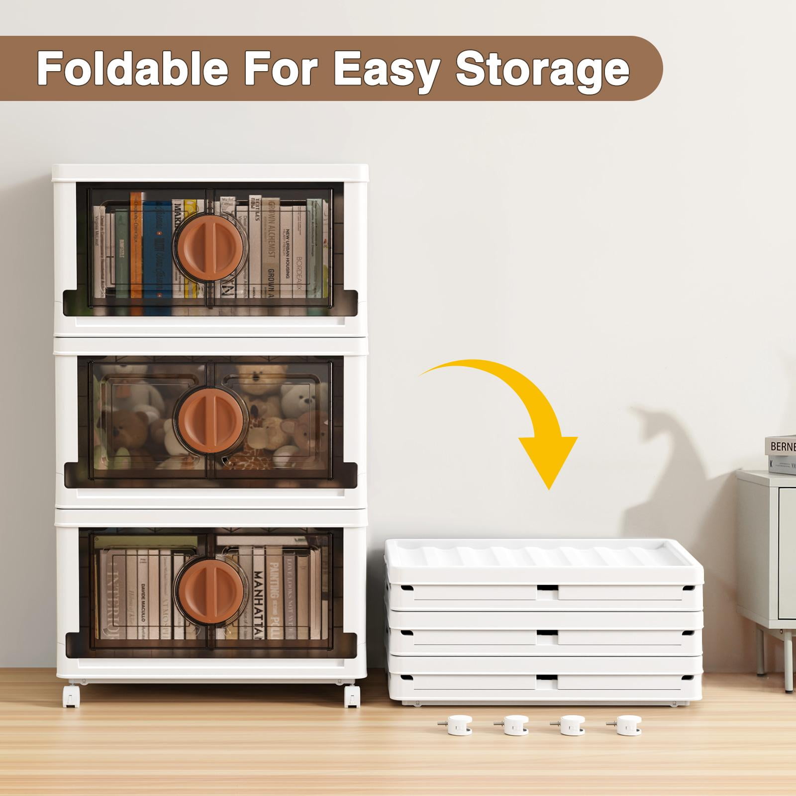 BROVIEW V9 120Gal Stackable Storage Bins, Plastic Collapsible Storage Bins with Lids and Wheels, Clothes Organizers and Storage Drawer, Folding Cabinets with Doors for Home, 4PCS Brown