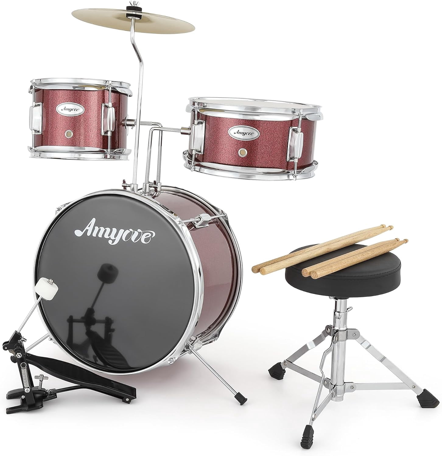 Drum Set, 1 Wood/Metal AD 150 Three Drums Set, Jazz Rock Includes Bass, 2 Toms, Cymbal, Sticks, Bass Pedal and Stool, Percussion Musical Instrument Birthday Playsetl