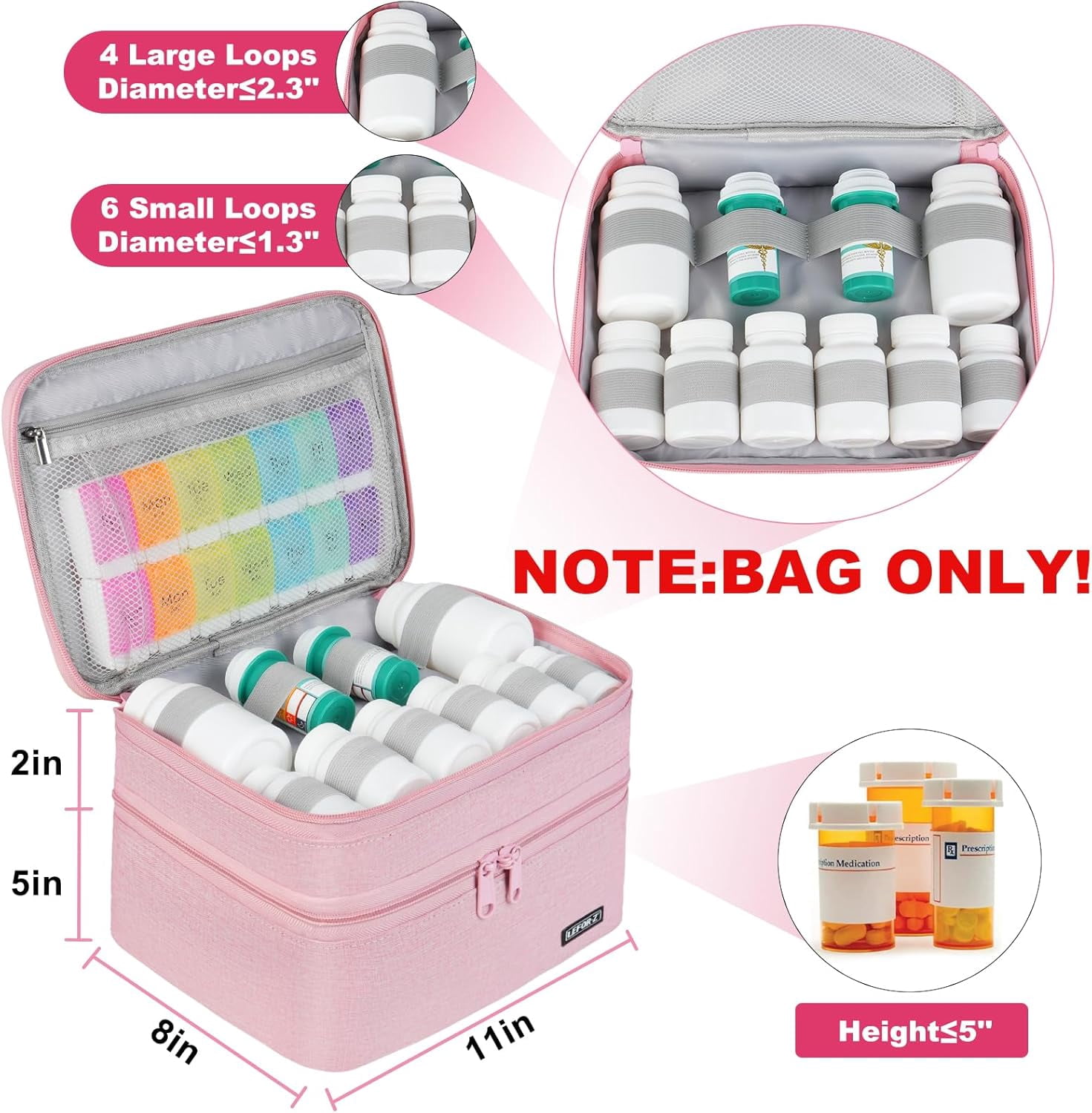 Medicine Storage Bag,Double Layers Pill Bottle Organizer Bag Empty with Lockable Zipper&Adjustable Divider,Medication Travel Carrying Bag for Pills,Vitamins,Medical Supplies