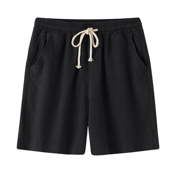 HOOMEUMY Men's Summer Cotton Linen Shorts Drawstring Elastic Waist Light Weight Beach Shorts with Pockets Black M