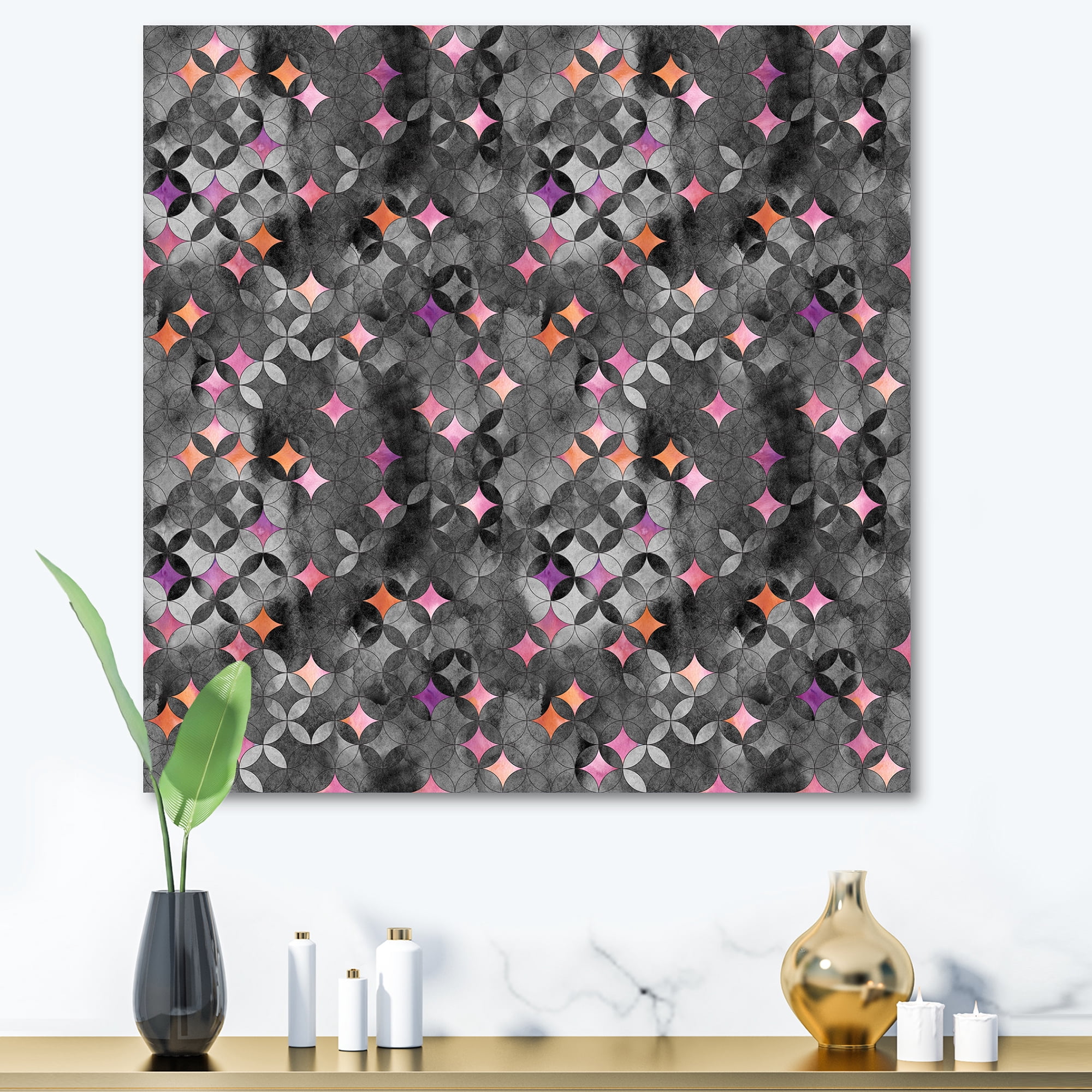 Designart ' Geometry Pink Stars With Intersecting Circles ' Modern Canvas Wall Art Print