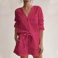 thumbnail image 2 of UYISJ Summer Vacation Outfits for Women Beach 2 Piece Set Solid Loungewear Long Sleeve Button Down Shirt and Shorts Set, 2 of 6