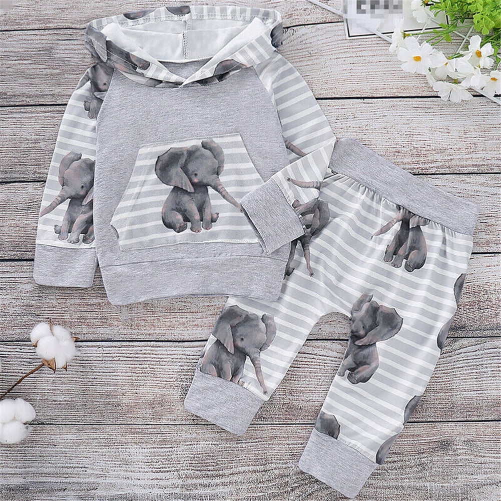 Newborn Baby Boy Elephant Hooded Top + Pants Tracksuit Trousers Outfits Clothes