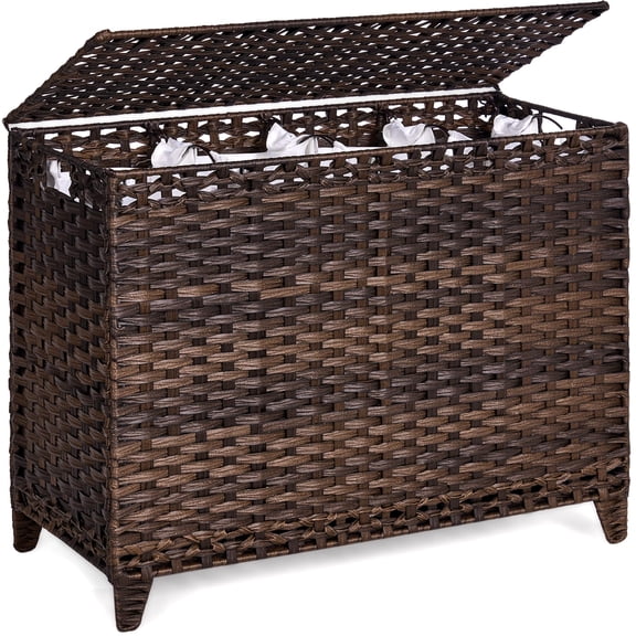 Natural Handwoven Rattan Laundry Hamper With Lid 4 Section Large Laundry Basket Removable Fabric Liner Bags Raised Feet Wicker Clothes Sorter Organizer Storage Bin