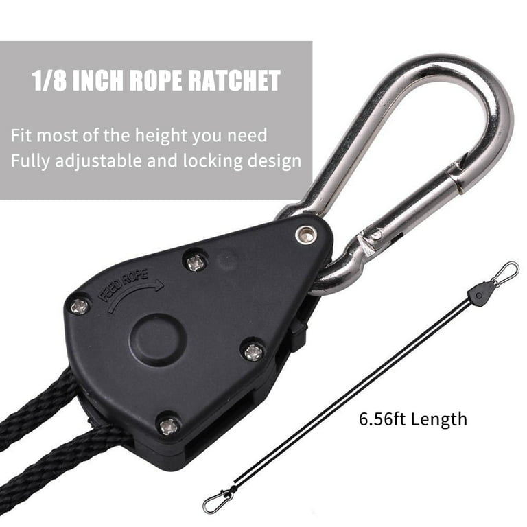 2-Pack Ratchet 1/8 inch Adjustable Heavy Duty Tie Down Rope Carabiner Hook Clip Hanger 150lb Capacity for Grow Light Luggage Strap