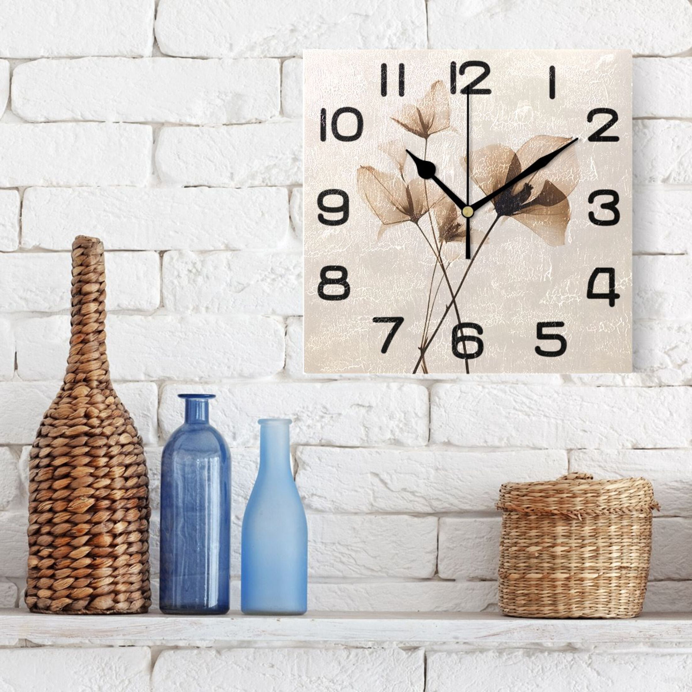 Wall Clock Square Silent Non-Ticking Art Plant Retro Battery Operated Clock 7.78 inch Home Kitchen Office Decoration