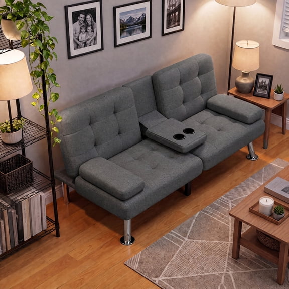 Lacoo Futon Sofa Bed, Linen Convertible Couch Sleeper Sofa, Cup Holders, Small Spaces,Drak Gray
