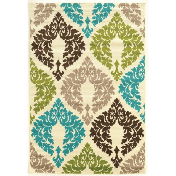Claremont Damask Ivory Turquoise Area Rug 8x10 Polypropylene Transitional Design