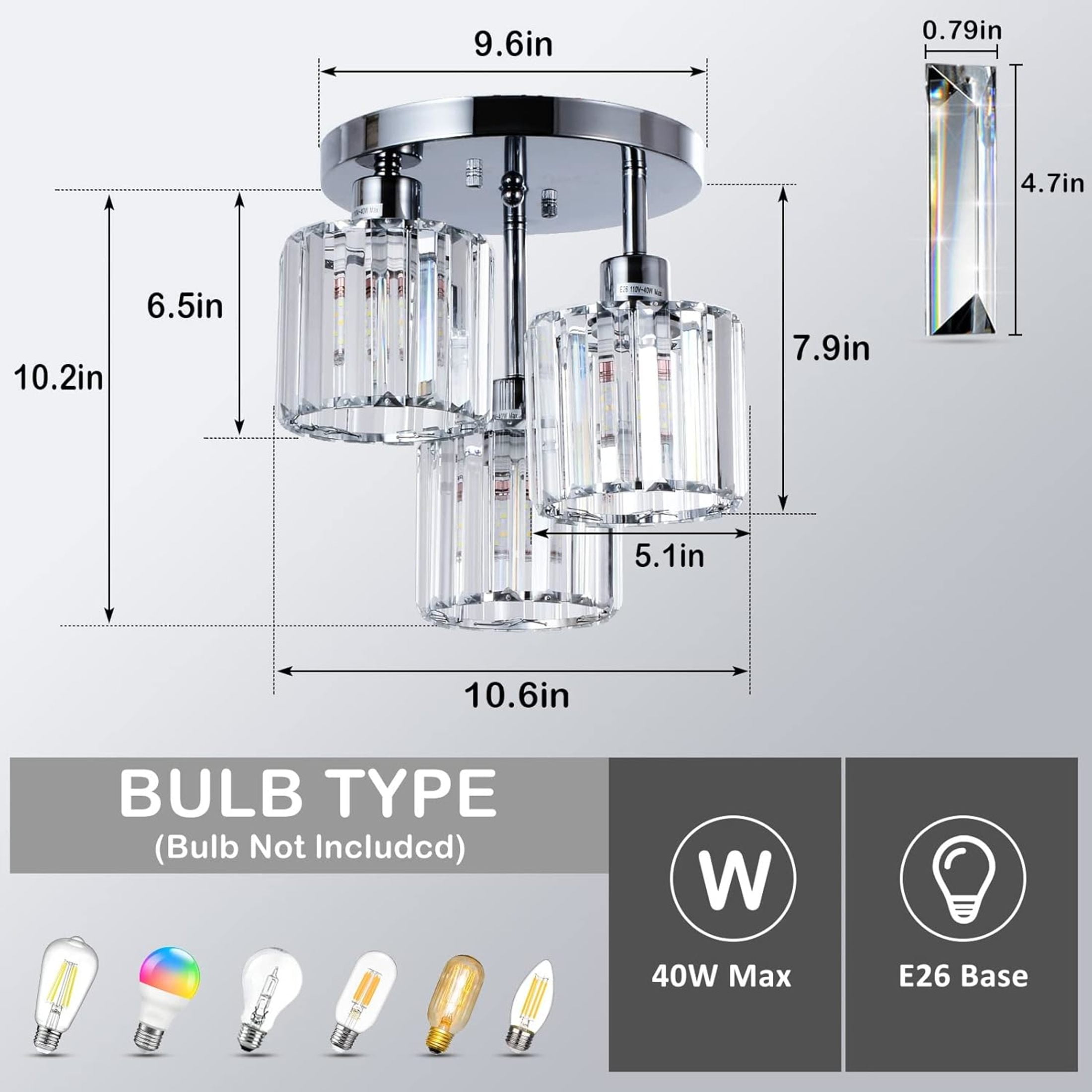 Noble House 13" Crystal Semi-Flush Ceiling Light, Modern Metal Frame, 3-Light E26, Clear Crystal Shade, Silver