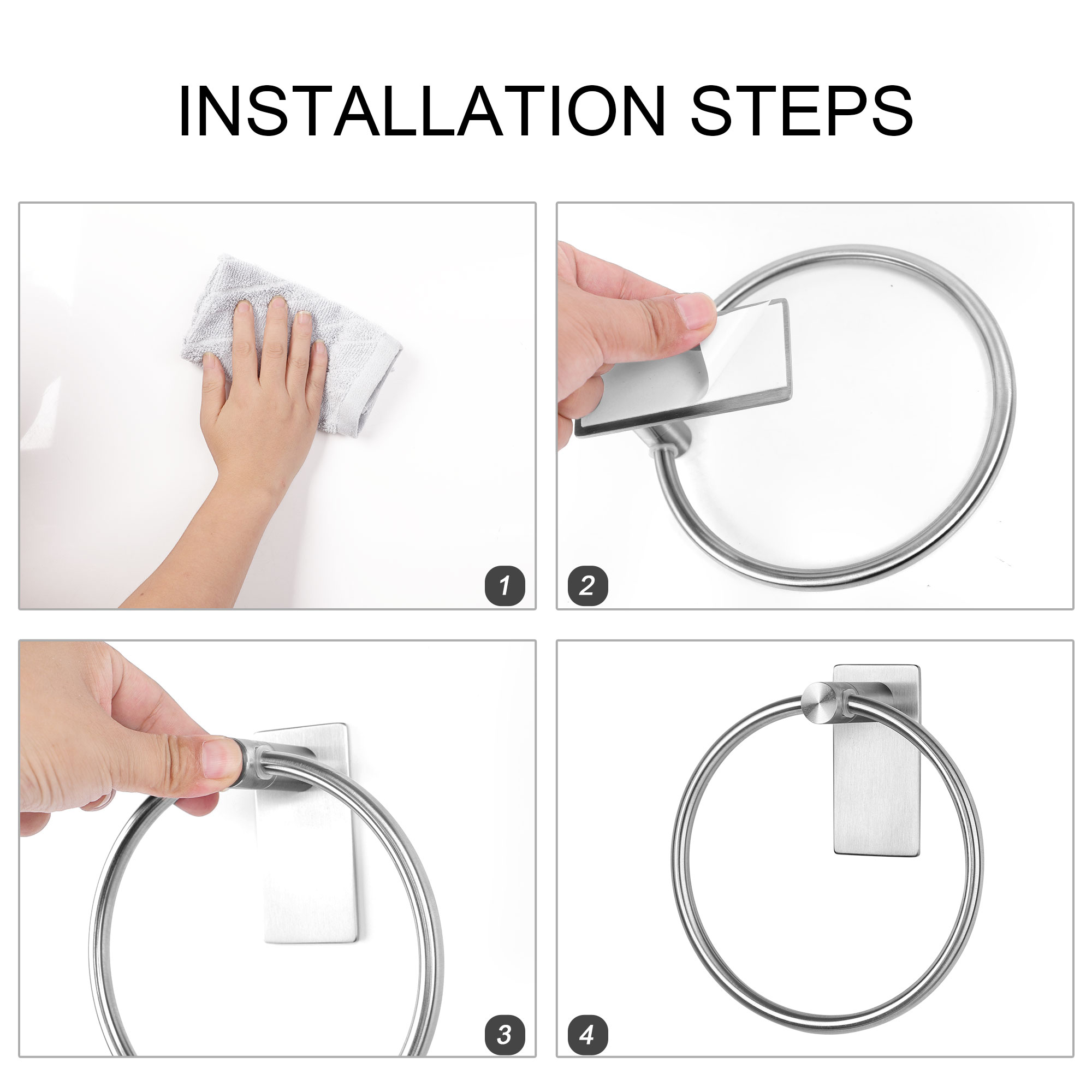 Unique Bargains Towel Ring Wall Mount Stainless Steel with Adhesive Towel Rack 5.5" Silver