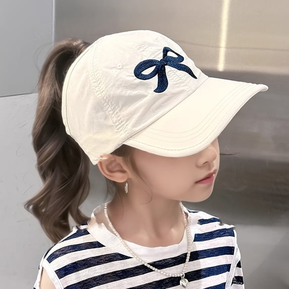 Ticikt Girls Baseball Cap, 2-8Y Kids Half Open Ponytail Bow Summer Sun Protection Hat,Color:Beige