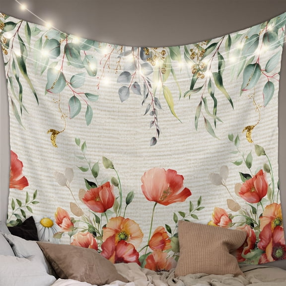 Red Poppy Tapestry for Bedroom Wall Hanging Tapestry, Farmhouse Country Vintage Flower Leaf Plant Ceiling Backdrop Tapestries Poster Blanket Wall Decor for Teens Room Living Room Dorm 39" x 59"