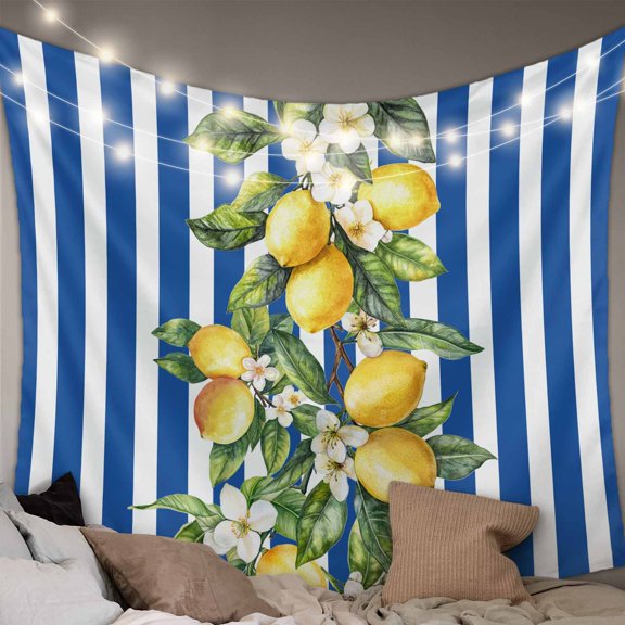 Blue Stripes Lemon Tapestry for Bedroom Wall Hanging Tapestry, Spring Fruit Flowers Leaves Line Ceiling Backdrop Tapestries Poster Blanket Wall Decor for Teens Room Living Room Dorm 59" x 79"