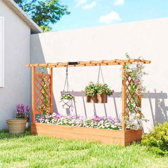 Outsunny Raised Garden Bed with Trellis, Wooden Planter Box with Hanging Roof, Drainage Holes for Vegetables Herbs and Flowers, 78.7" x 17.3" x 44.7"