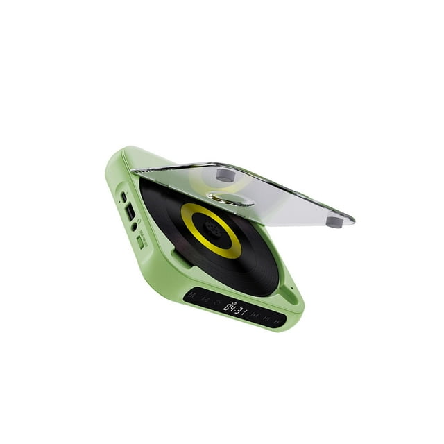 Ruiboury Lecteur CD Portable avec Écran LED, Batterie Rechargeable, Autonomie jusqu'à Sept Heures, Lecteur Audio et Musique Compact, Vert 135x135x25 mm