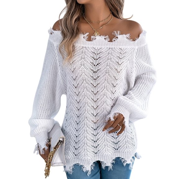 Women'S Solid Color Openwork Long-Sleeved Sweater, Off-Shoulder Knit Pullover White L