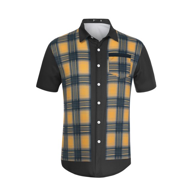 Lars Amadeus Camisa a cuadros de patchwork para hombre, manga corta, con botones, color block Amarillo negro S