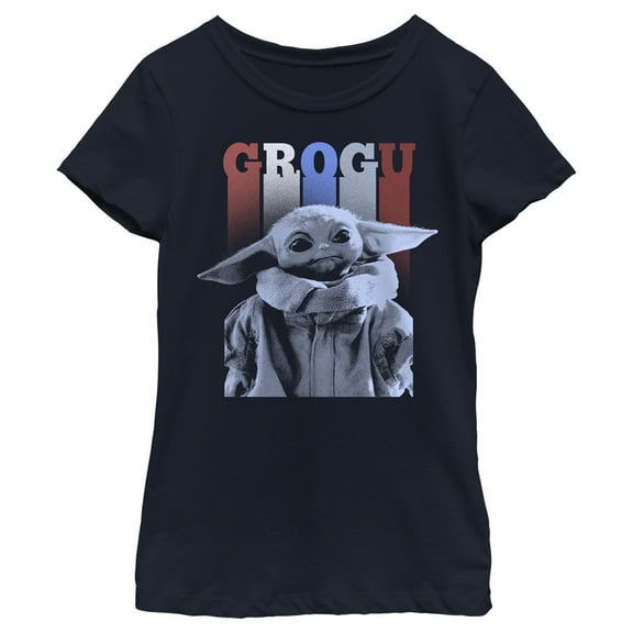 Girl's Star Wars: The Mandalorian Fourth of July Grogu Portrait Graphic Tee Navy Blue Small