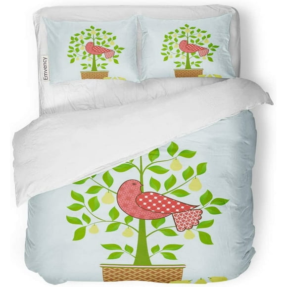 POGLIP 3 Piece Bedding Set Green Whimsical Partridge in Pear Tree Christmas Bird Pink Twin Size Duvet Cover with 2 Pillowcase for Home Bedding Room Decoration