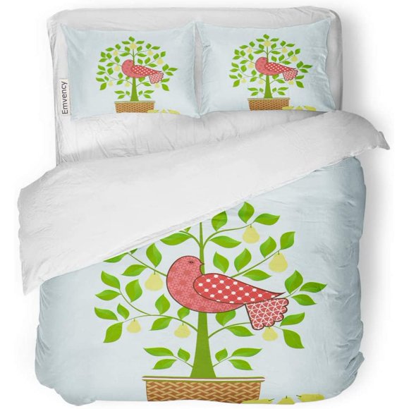 POGLIP 3 Piece Bedding Set Green Whimsical Partridge in Pear Tree Christmas Bird Pink Twin Size Duvet Cover with 2 Pillowcase for Home Bedding Room Decoration