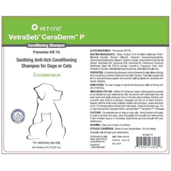 VetOne VetraSeb CeraDerm P Conditioning Shampoo for Dogs or Cats 8 oz