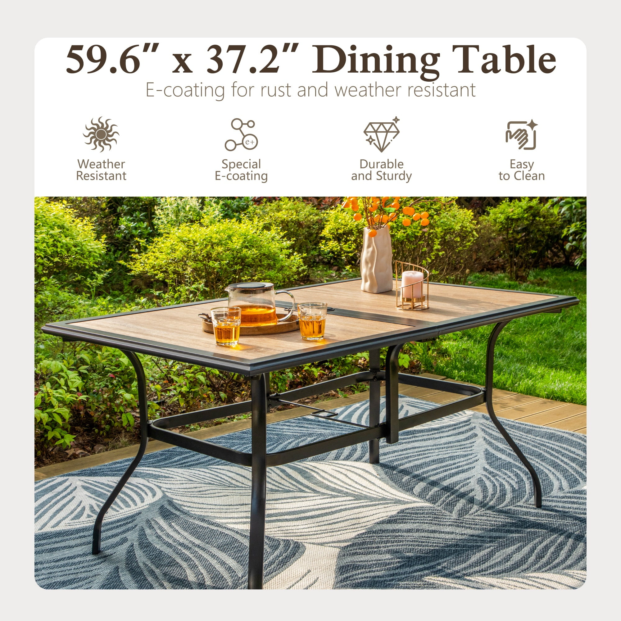 Alpha Joy 8-Piece Outdoor Patio Dining Set with 13 ft Umbrella (No Base), Rattan Chairs & Wood-look Metal Table Set for 6, Beige Umbrella