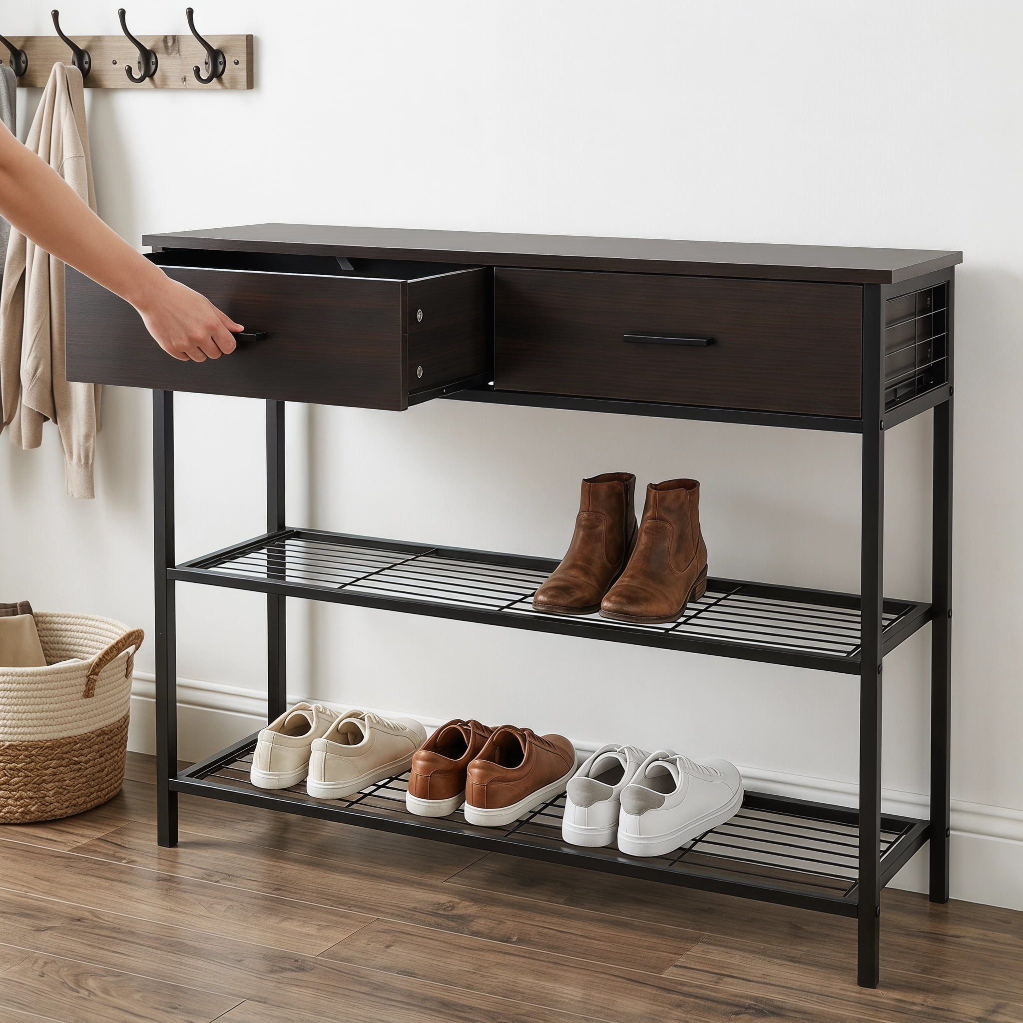 Resenkos 39.5 Inch Entryway Table with 2 Drawers and 2-Tier Shelves-Dark Brown, Narrow Console Table, Entryway Hall Table with Shelves for Foyer & Entry Spaces