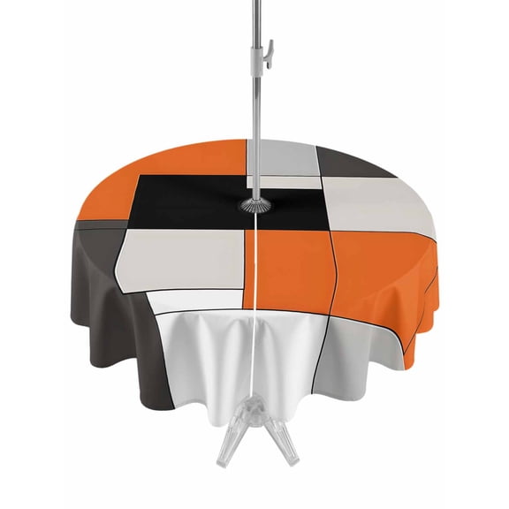 Outdoor Table Cloth with Umbrella Hole and Zipper, Burnt Orange Black Waterproof Round Tablecloth 54 Inch, Modern Abstract Geometric Washable Table Cover for Outside Party Patio Picnic