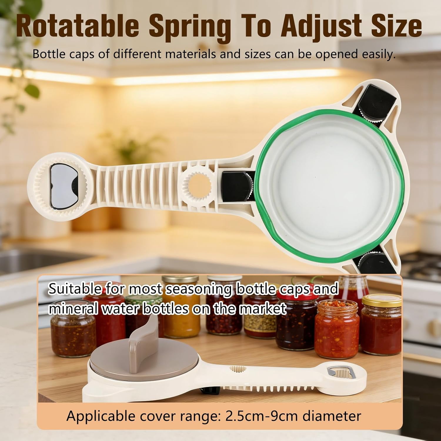 Upgraded 4-in-1 Multi-Functional Jar & Bottle Opener (1-3.5inches), Magnetic Stainless Steel Can Opener with Retractable Adjustable Grip, Extended Ergonomic Handle for Easy Opening