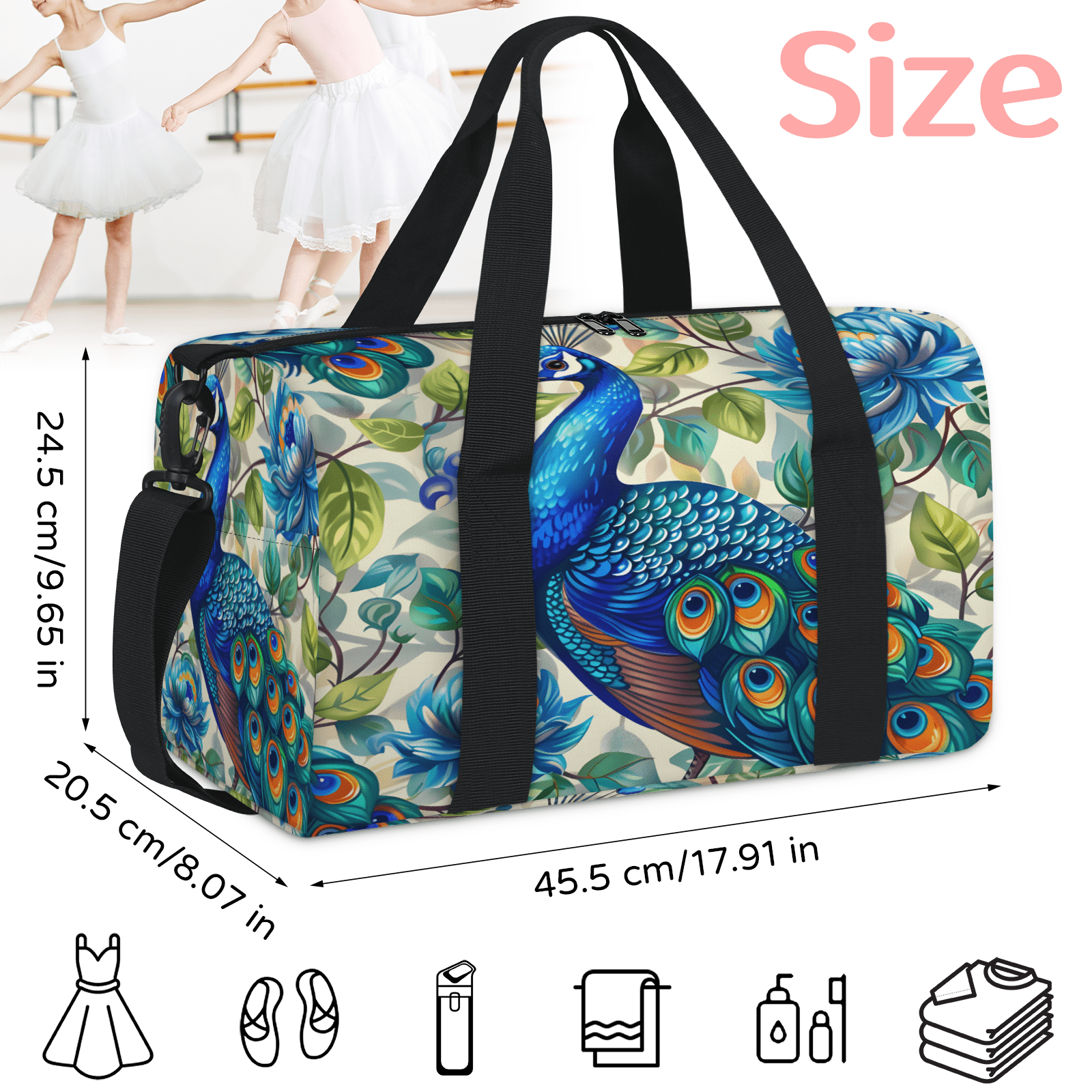 Herdesigns Peacock Travel Duffle Bag Sports Yoga Weekender Overnight Carry on Workout Bags Lightweight Waterproof Gym Tote Bag for Women Blue Beautiful Bird Flower