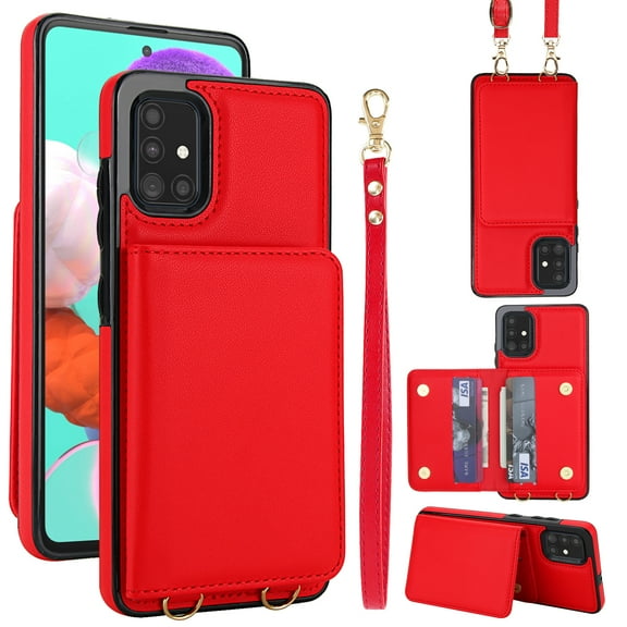 For Samsung Galaxy A42 5G Phone Case Wallet Card Holder,RFID Blocking PU Leather Back Magnetic Flip Kickstand Folio Case Wrist Lanyard & Crossbody Strap Protective Women Girls Cover,Red