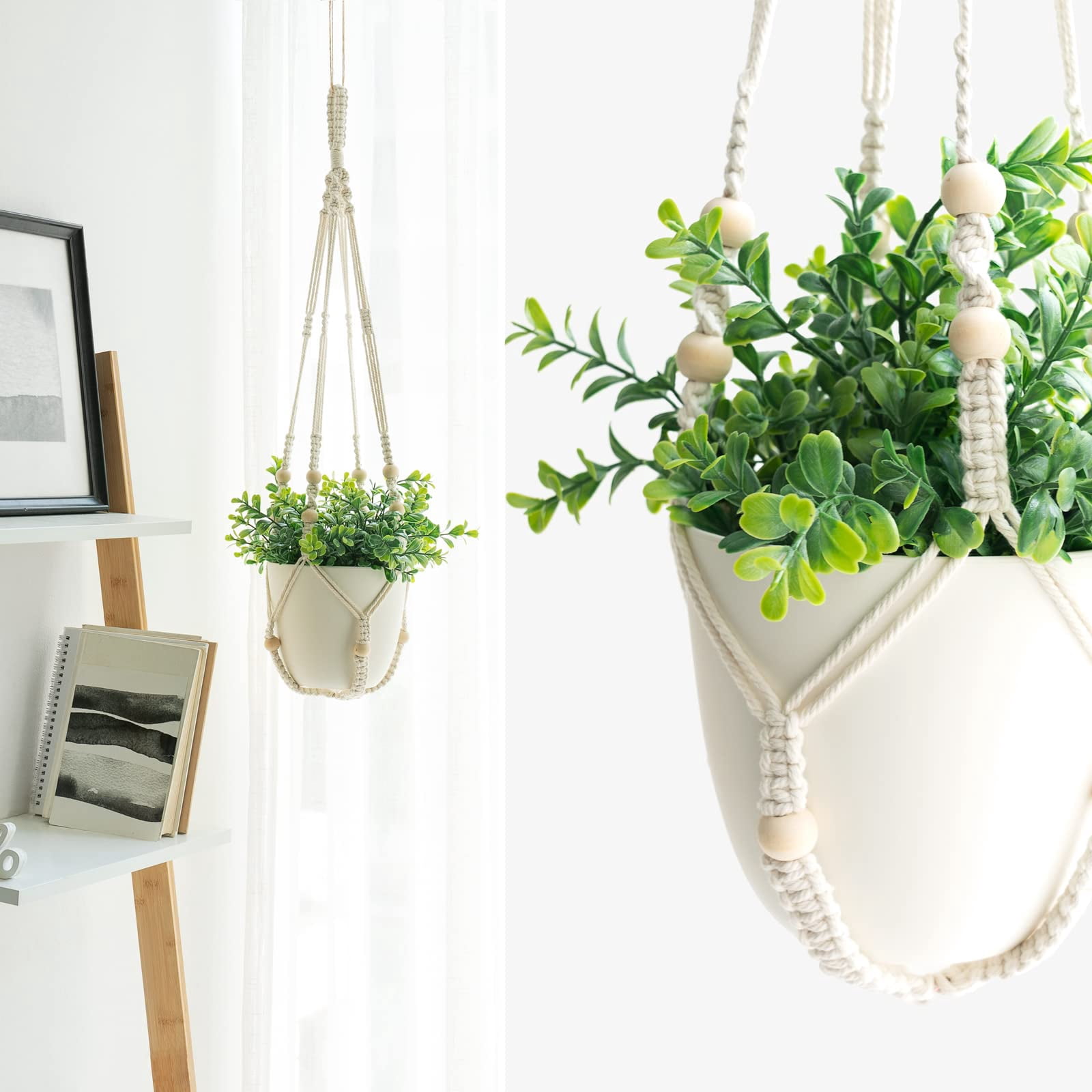 3 Pack Macrame Plant Hangers Indoor Different Size Hanging Planter Basket Flower Pot Holder with Beads No Tasselss 23"/29"/35", Large, Ivory