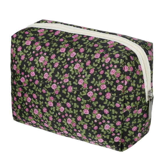 1 Pc Women Portable Peony Cosmetic Bag for Vacation Business Travel Black Pink Polyester