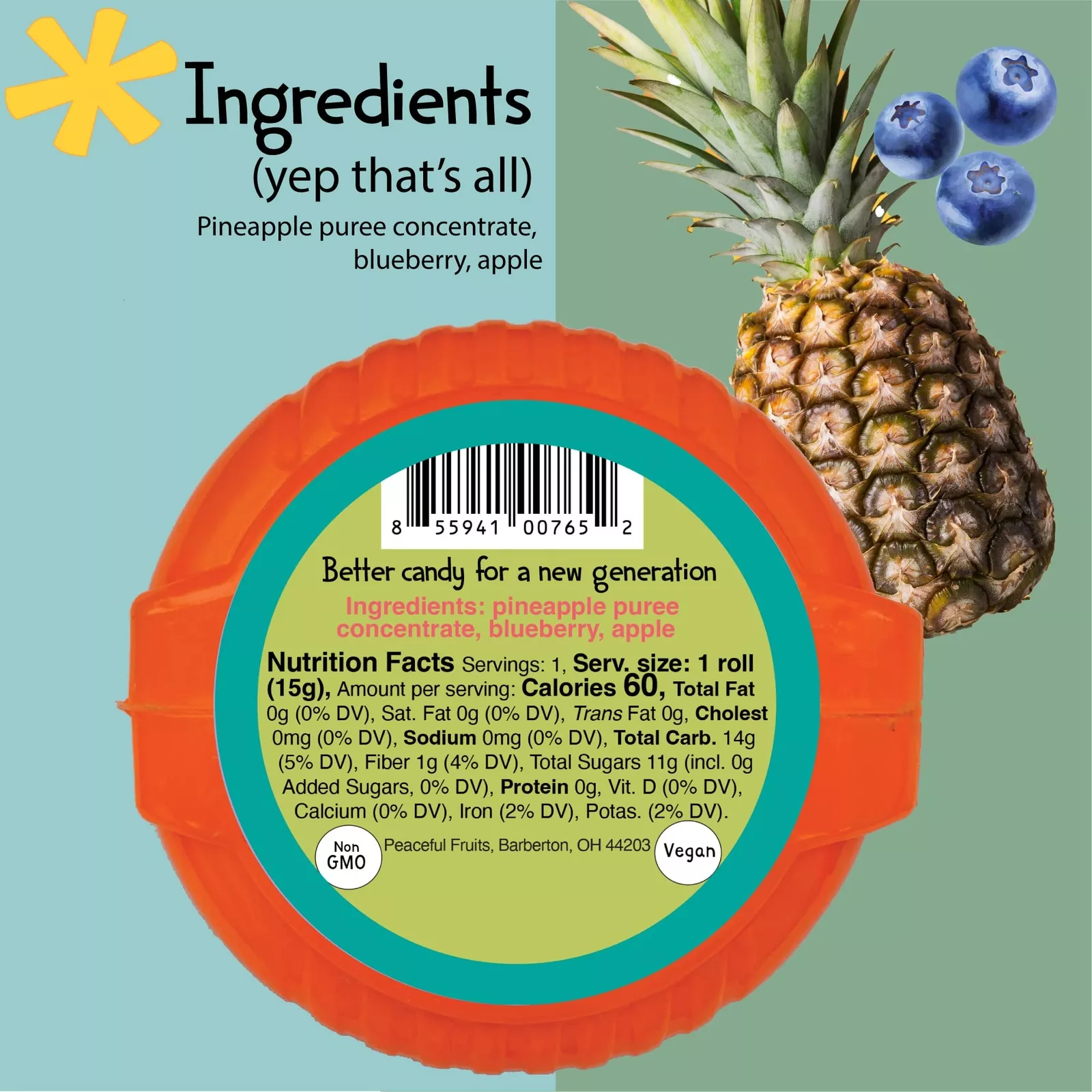 (Pack of 12), Peaceful Fruits Blueberry Pineapple 100% Fruit Tapes, 1 oz