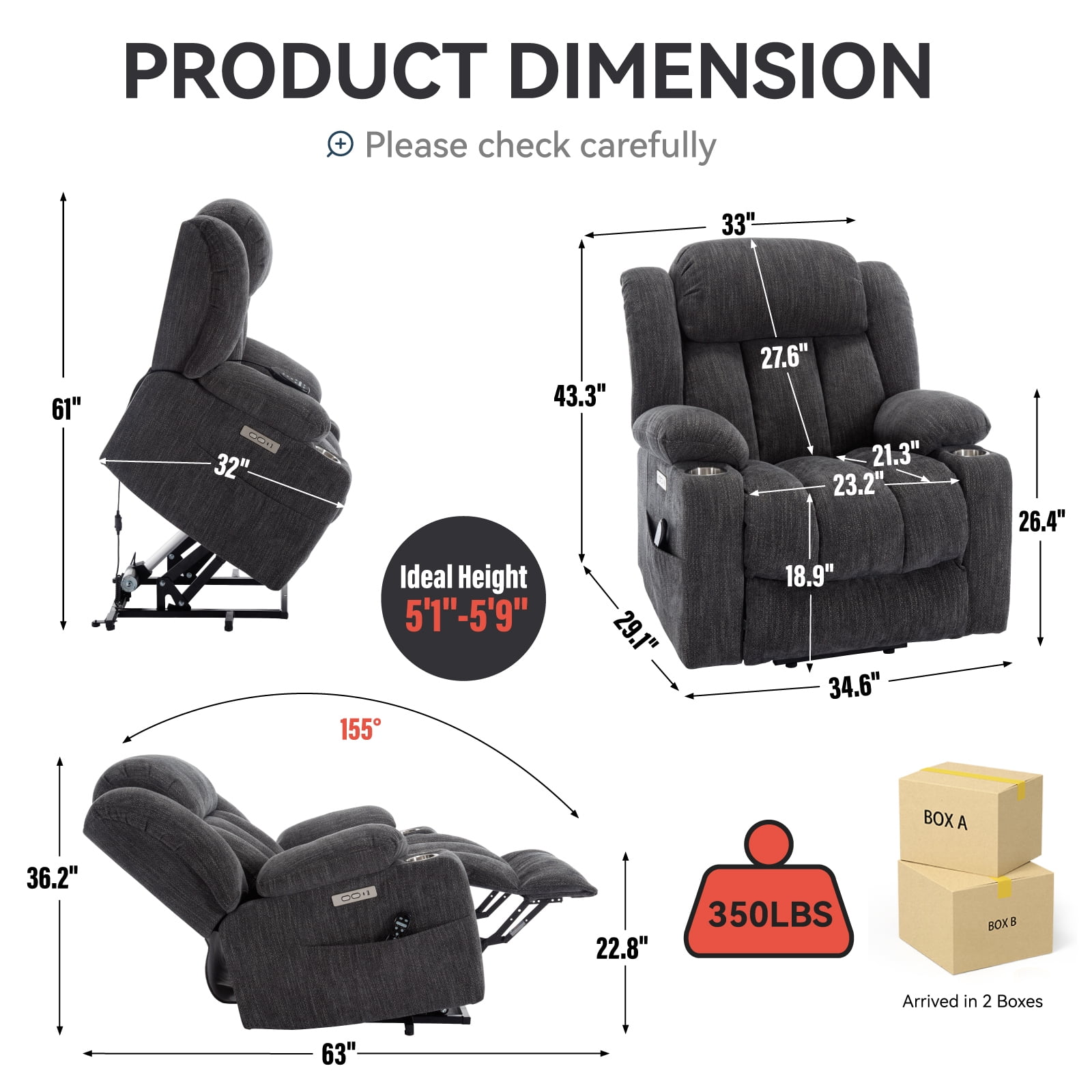 Alvantor Power Lift Recliner Chair for Elderly with Massage and Heat, Chenille Recliners Chair with USB Ports & Cup Holders Drak Brown