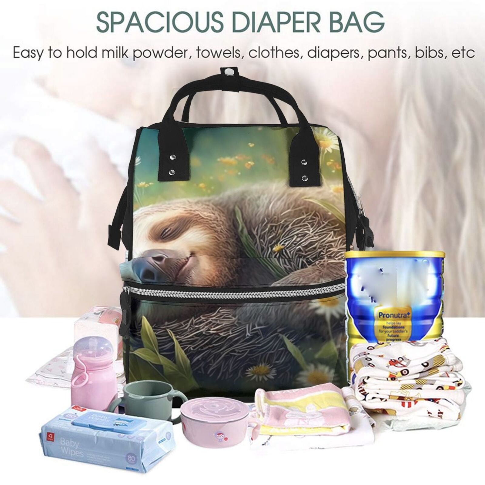Fuzoiu Daisy Sleeping Sloth Print Diaper Bag Backpack,Baby Essentials Travel Tote,Multi function Waterproof Diaper Bag, Travel Essentials Baby Bag - Unisex