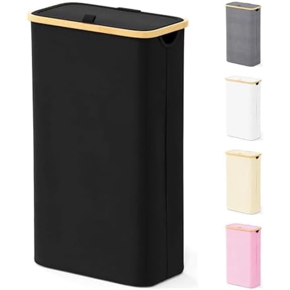 Slim Laundry Hamper with Lid, 65L Narrow Clothes Basket Bin with Bamboo Handles, Skinny Tall Collapsible Hamper for Bedroom, Bathroom, Dorm, Laundry Room - Black