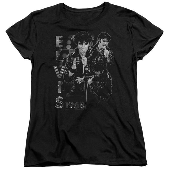 Trevco ELV779-WT-4 Elvis Presley & Leathered Short Sleeve Womens T-Shirt, Black - Extra Large