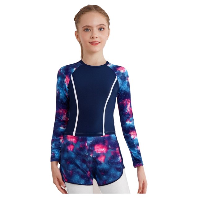 Yhong Kids Girls 2Pcs Rash Guard Swimsuit Vibrant Print Sun Protection Top and Shorts Surfing Beach Bathing Suit Purple 90