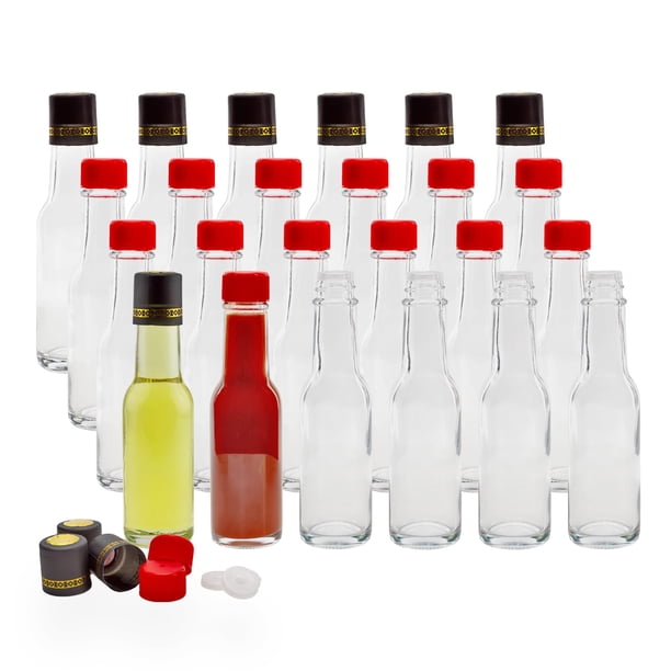 Mini botellas de salsa picante Cornucopia de 3 onzas (paquete de 24); Pequeñas botellas de salsa con tapas rojas, inserciones de gotero y bandas retráctiles negras