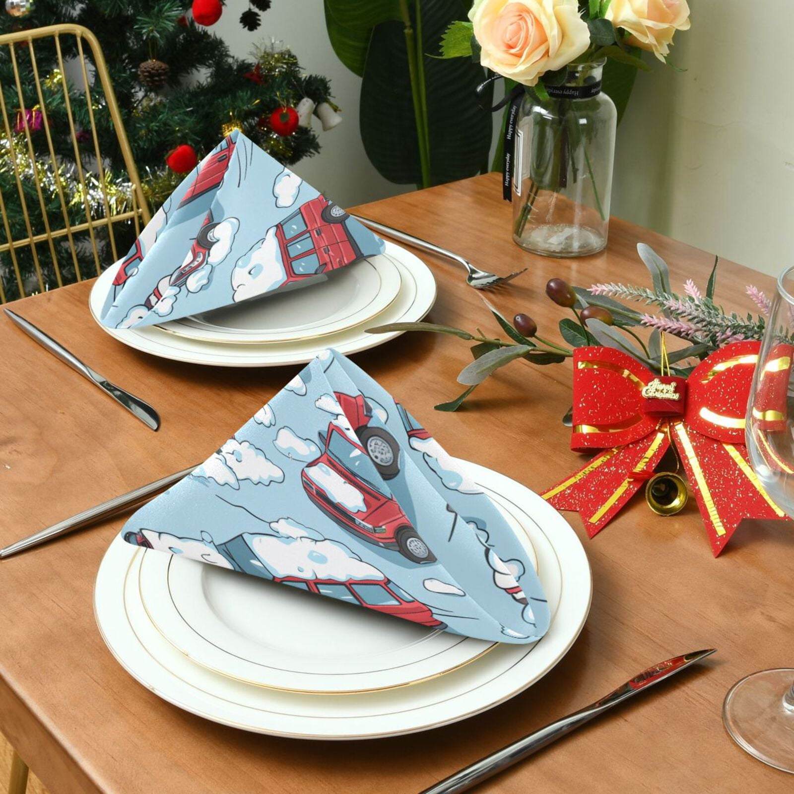 JSTEL Snow Cars Cloth Napkins Set of 6, 20x20 Inch Washable and Reusable Napkin for Decoupage Dinner Party Everyday Use