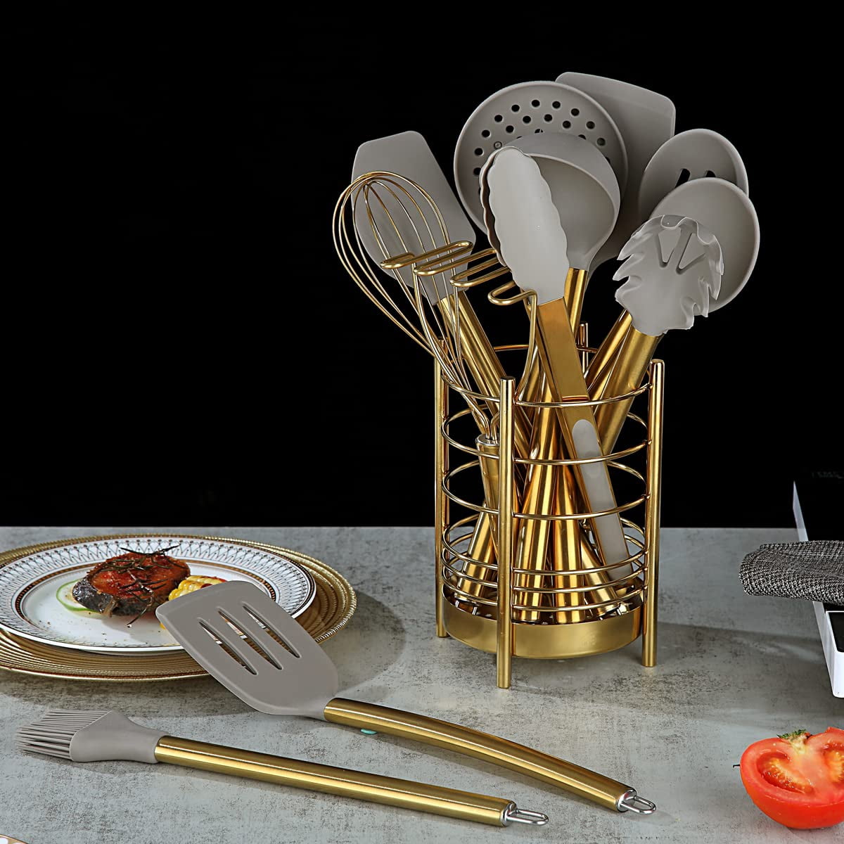 ReaNea Gold 38 Pieces Silicone Kitchen Utensils Set With Sturdy Stainless Steel Utensil Holder