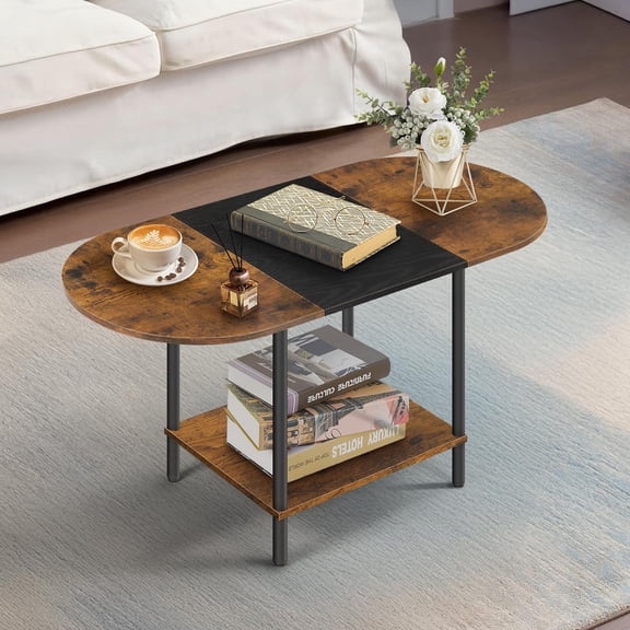 Brown Mid Century Oval Coffee Table With Storage Shelf Wood Top 2-Tier Farmhouse Narrow Cocktail Table For Living Room