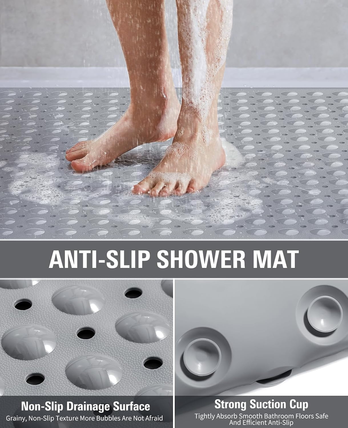 Yolife Shower Mat 31.5"x31.5" - TPE Non-Slip Bath Mat/Suction Cups & Drain Holes, Heavy Duty for Shower Stall, Odor-Free,Dark Grey